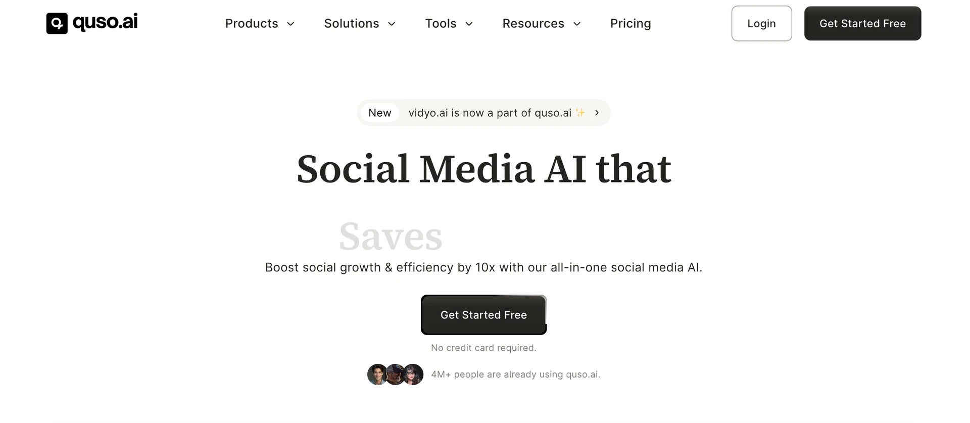 Screenshot of quso.ai website. Header reads: Social Media AI that Saves. Description mentions boosting social growth and efficiency with AI. A button says Get Started Free, noting no credit card required. Over 4 million users are indicated.