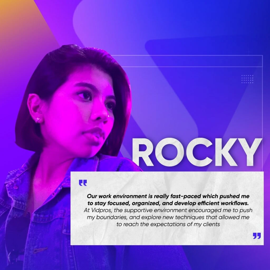 A person in a denim jacket looks to the left, set against a purple gradient background. Below, theres a testimonial with the name Rocky beside it, discussing a supportive and fast-paced work environment.
