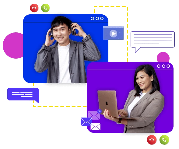 A man wearing headphones and a woman using a laptop are featured in separate, colorful backgrounds. Yellow dotted lines, chat bubbles, and email icons connect their images, symbolizing communication.