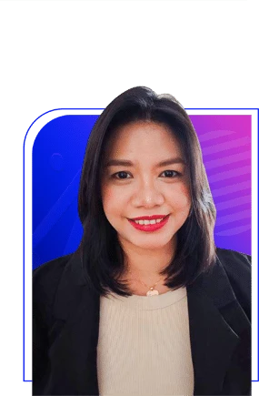 A person with shoulder-length dark hair smiles at the camera. They are wearing a beige top and a black blazer. The background is a gradient of blue and purple with abstract shapes.