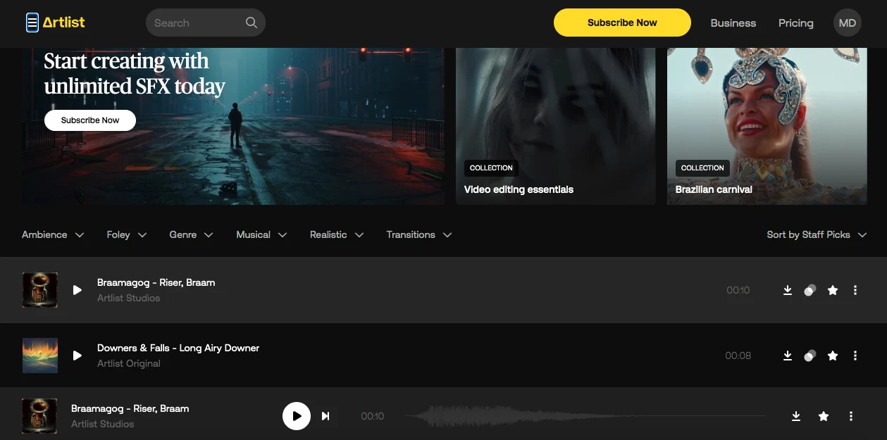 Screenshot of the Artlist website showing music tracks. At the top, a banner advertises unlimited SFX. Below, tracks Branamago - Riser, Bram and Downers & Falls - Long Airy Downer with play controls. Two video collections are featured on the side.