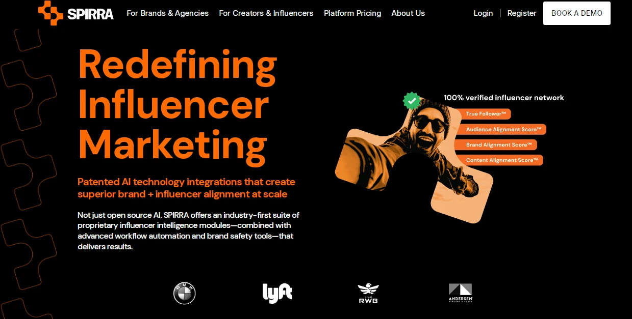 Promotional image for Spirra featuring text: Redefining Influencer Marketing. It highlights AI technology for brand-influencer alignment, showcasing a verified influencer network. Logos for social platforms and corporate partners are at the bottom.