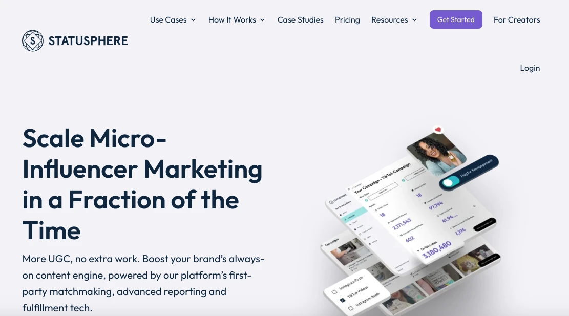 Screenshot of Statuspheres website showcasing a promoted service for micro-influencer marketing. Includes a header with logo, navigation menu, and a Get Started button. Imagery of a smartphone with analytics overlays supports the marketing message.