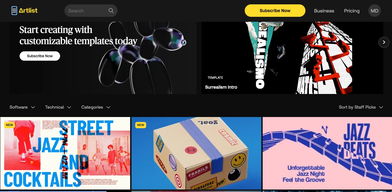 A webpage screenshot showing Artlists homepage. The top banner promotes customizable templates. Below are colorful thumbnails for projects like Street Jazz and Cocktails and Jazz Beats. Menu options include software, technology, and categories.