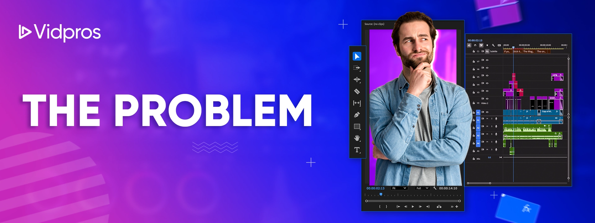 A man thinking with video editing software as background