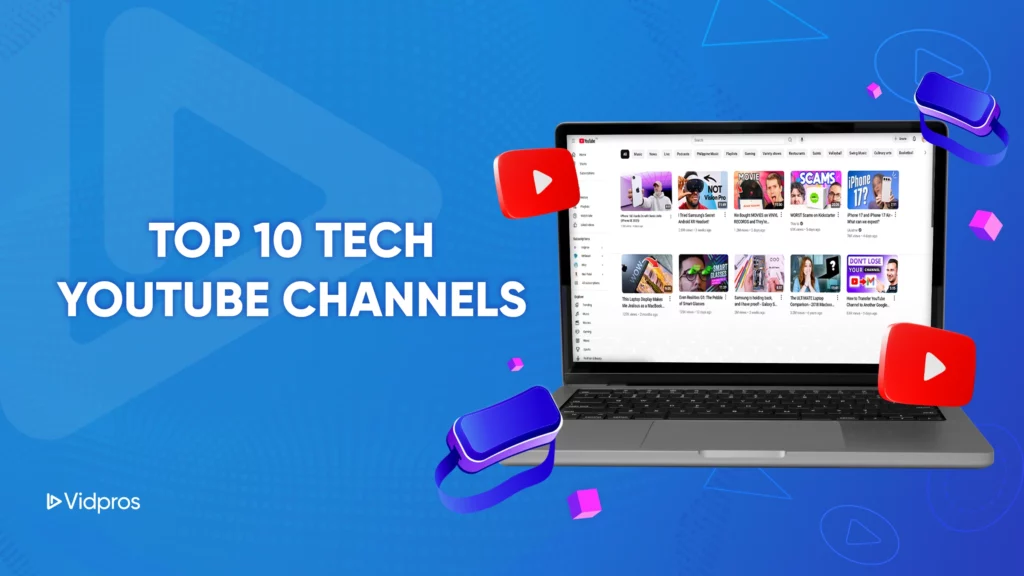 A laptop showcases a YouTube page featuring Tech YouTube channels against a blue backdrop. Nearby, a large play symbol and YouTube icons hover. Text reads Top 10 Tech Channels.