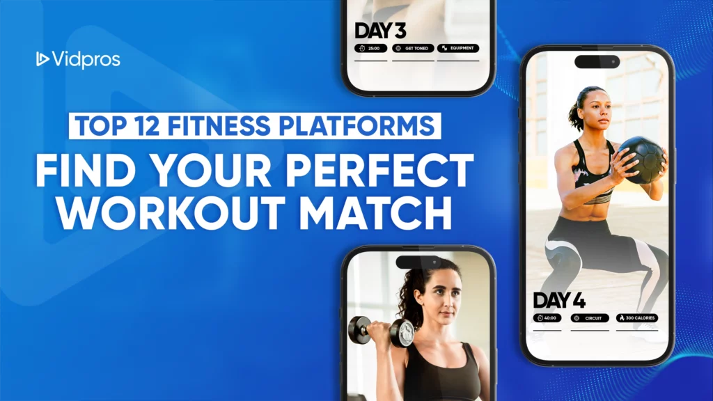 Image showing three smartphones with fitness app screenshots and female athletes exercising. Text reads Top 12 Fitness Platforms: Discover Your Perfect Workout Match. The Vidpros logo is in the top left.