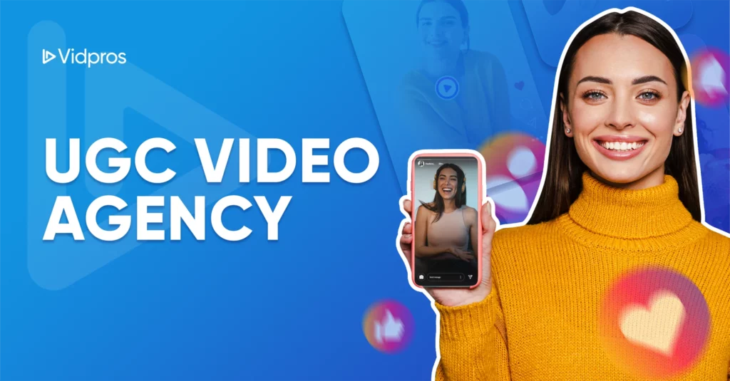 A cheerful individual in a yellow sweater holds a smartphone showcasing a vibrant video, with the text UGC Video Agency on the left and lively icons dancing in the background.