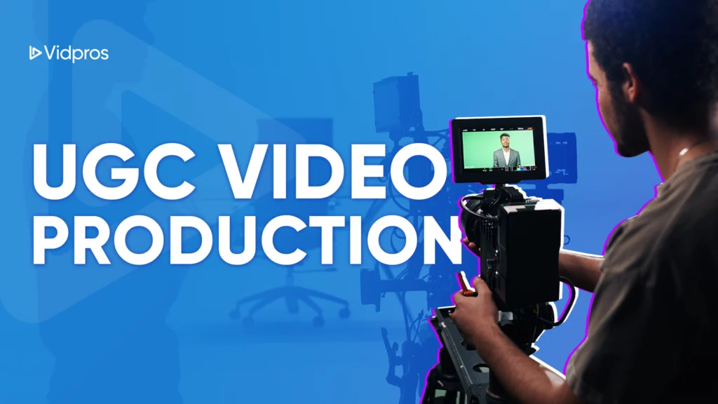 A skilled videographer expertly operates a camera, capturing a subject in front of a green screen. The words UGC Video Production stand out boldly against a blue backdrop, highlighting the focus on creating dynamic user-generated content.