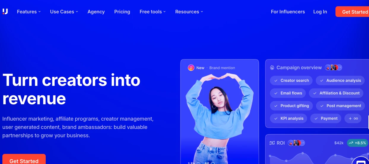 A website homepage displaying influencer marketing services. The text reads Turn creators into revenue. Features include creator search, audience analysis, and payment tools. A woman posing with her arms up is shown on a card. Menu options are at the top.