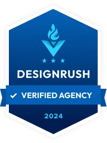 The DesignRush Verified Agency 2024 badge, ideal for a top-tier video editing service, showcases a blue hexagonal shape with a flame logo at the top, three stars, and a checkmark inside a ribbon beneath the text.