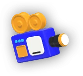 A 3D illustration of a vintage film camera, perfect for video editing themes. This blue camera features a yellow film reel on top and a black lens, with small colorful buttons on the side. Its playful, cartoon-like style pops against a dark background.