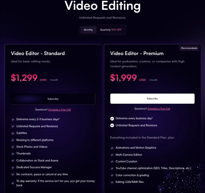 Weplash Video Editing Pricing