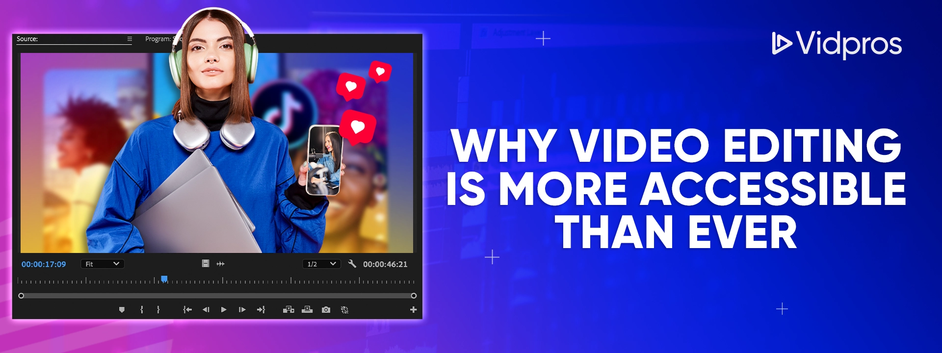 a woman on a laptop screen with the why video editing is more accessible