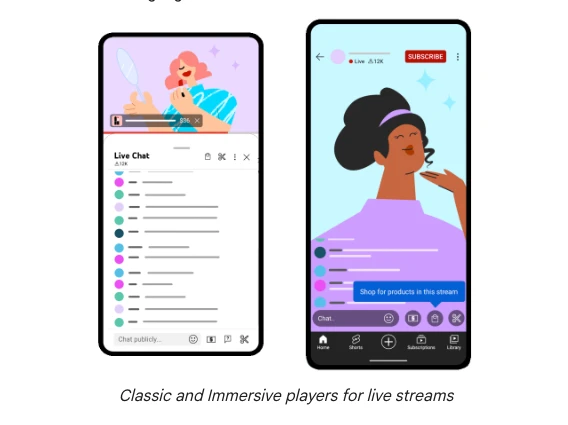 Two smartphone screens displaying live streaming interfaces. The left shows a classic player with a chat section. The right features an immersive player, highlighting a product. Both show cartoon characters streaming. Caption: Classic and Immersive players for live streams.