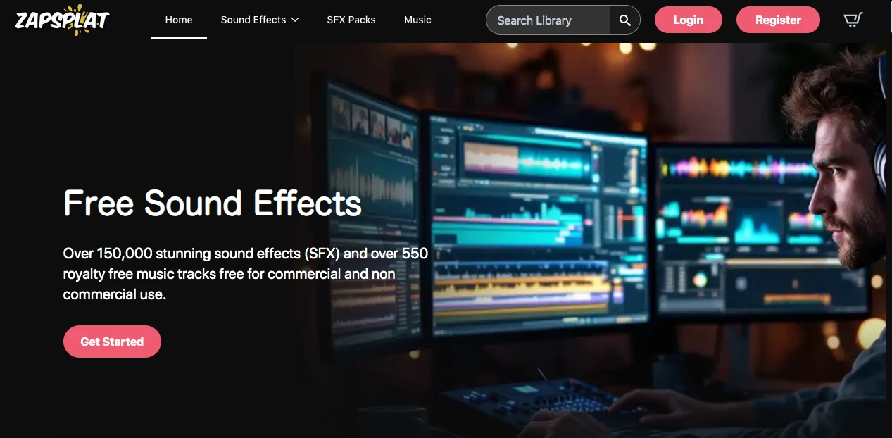 A person wearing headphones is working at a computer setup with multiple screens displaying audio editing software. Text overlay reads Free Sound Effects and details about sound effects and music tracks available for use.